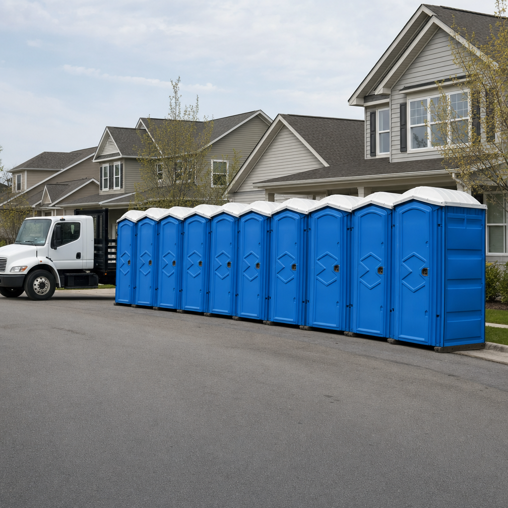 Royal blue portable toilets staged in a tidy row at a Fort Wayne jobsite, ready for delivery